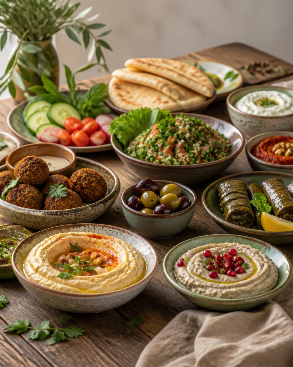 Meze-bord med hummus, falafel, dolmar, oliver och andra rätter